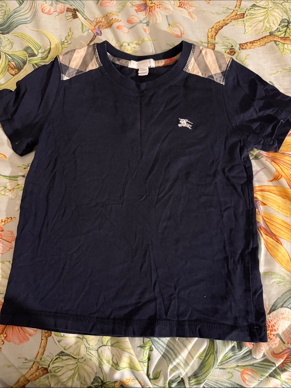 Burberry Navy Short Sleeve Tee with Check Shoulder Accents